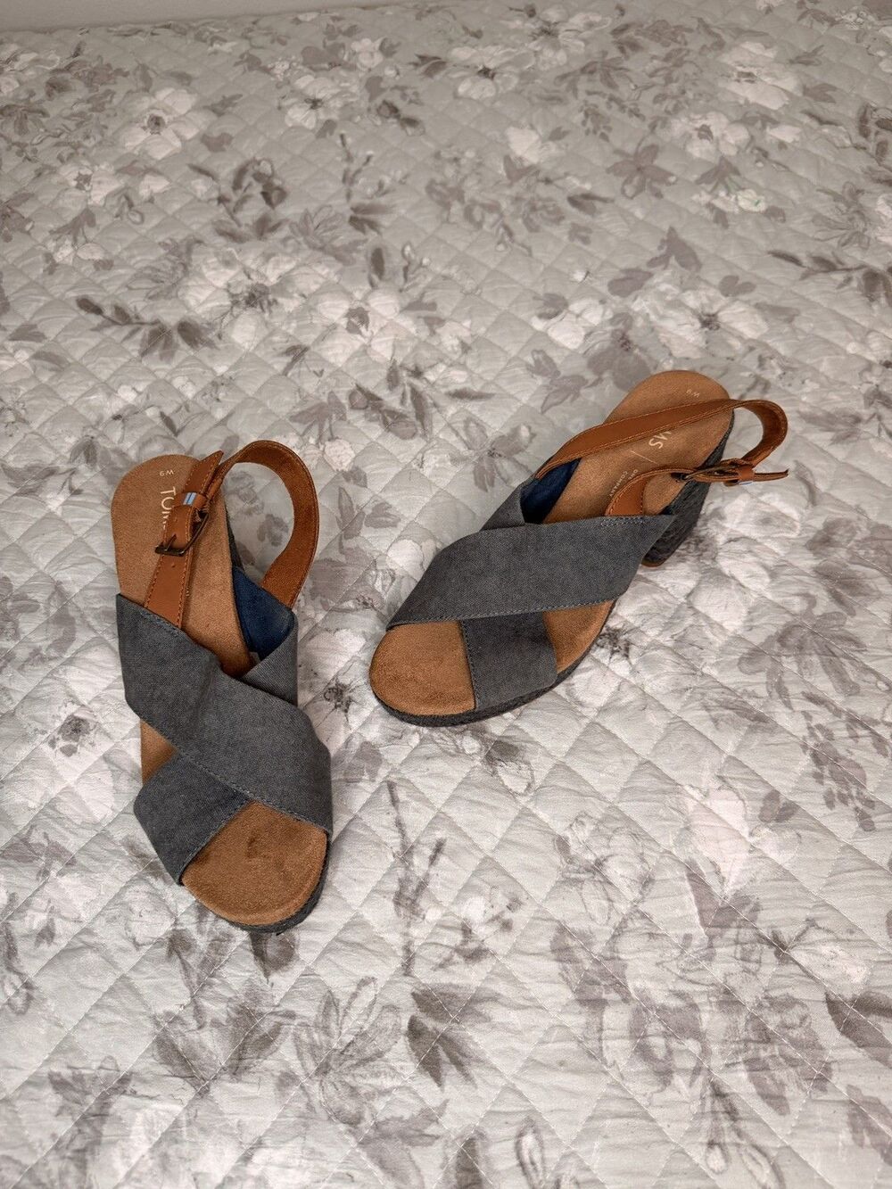 TOMS Womens Blue Suede Leather Ankle Strap Block Heel Sandals Espadrille 9W